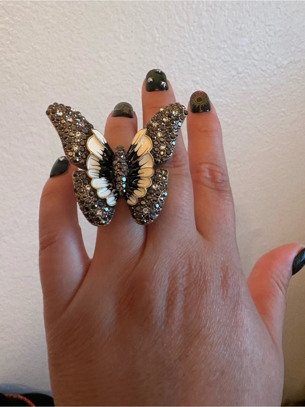 Crystal-Embellished Black and Cream Butterfly Ring